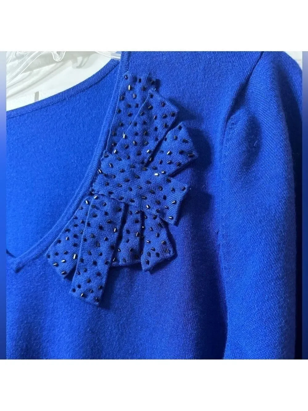 Blue Scooped V neck 3/4 Sleeve Sweater Beaded appliqué type design front left